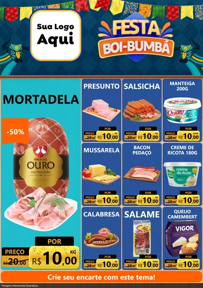 Modelo de Encarte para Encarte A4 Vertical com o tema Festa Boi Bumbá para Frios e Laticínios