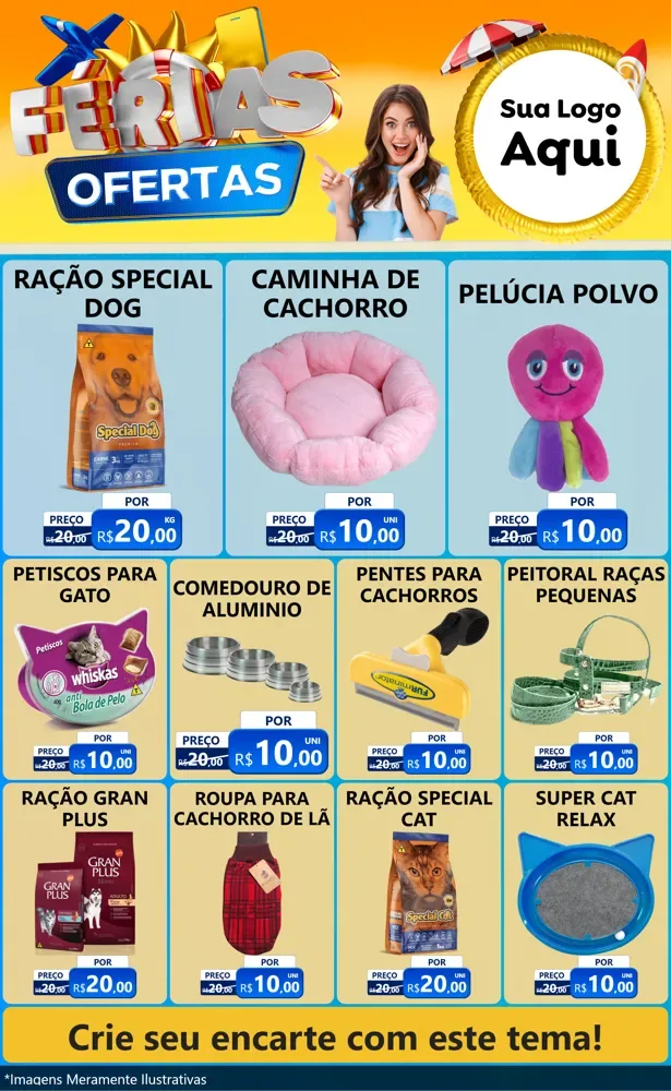 Modelo de Encarte para Encarte Grande com o tema Ofertas - Férias para Pet Shop