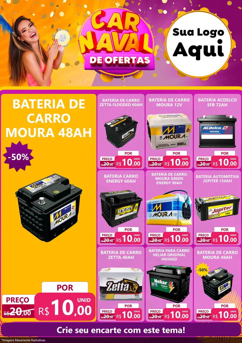 Modelo de Encarte para Encarte A4 Vertical com o tema Carnaval de Ofertas para Baterias Elétricas