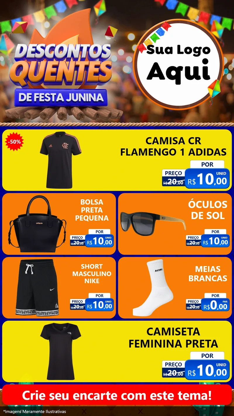 Modelo de TV para TV Vertical com o tema Descontos Quentes de Festa Junina para Roupas e acessórios