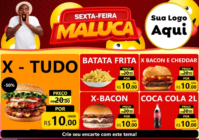 Modelo de Encarte para Encarte A4 Horizontal com o tema Sexta-feira Maluca para Hamburgueria