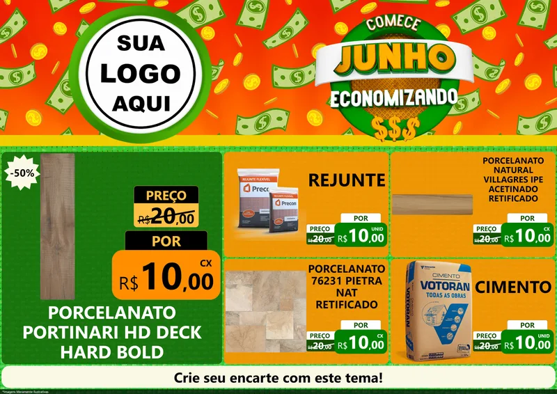 Modelo de Encarte para Encarte A4 Horizontal com o tema Comece Junho Economizando para Pisos e revestimentos