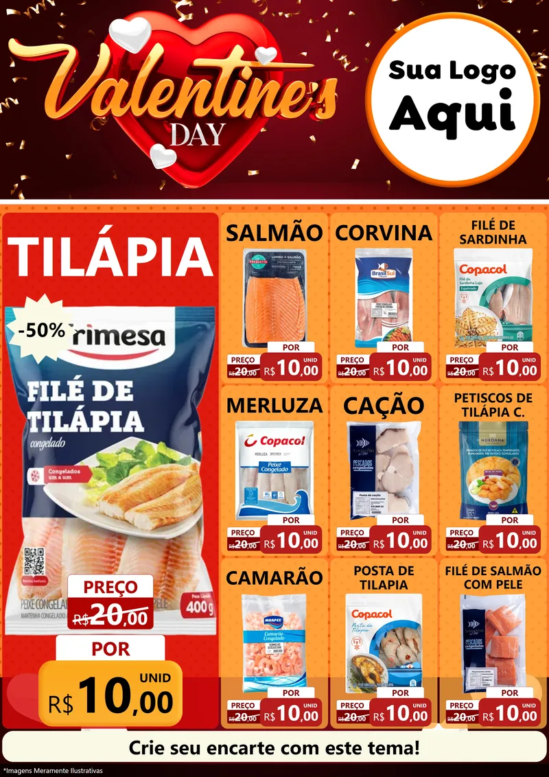 Modelo de Encarte para Encarte A4 Vertical com o tema Valentine's Day para Peixaria