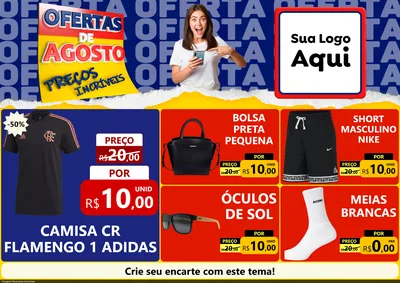 Modelo de Encarte para Encarte A4 Horizontal com o tema Ofertas de Agosto - Preços Incríveis para Roupas e acessórios