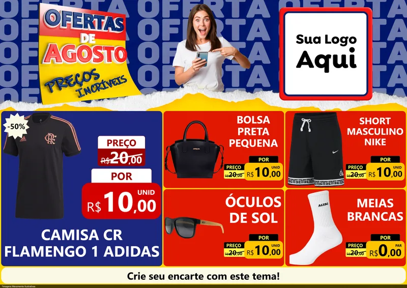 Modelo de Encarte para Encarte A4 Horizontal com o tema Ofertas de Agosto - Preços Incríveis para Roupas e acessórios