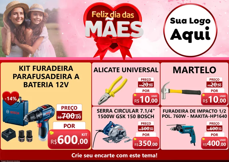 Modelo de Encarte para Encarte A4 Horizontal com o tema Feliz Dia Das Mães para Maquinas e Ferramentas
