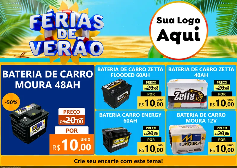 Modelo de Encarte para Encarte A4 Horizontal com o tema Férias de Verão para Baterias Elétricas