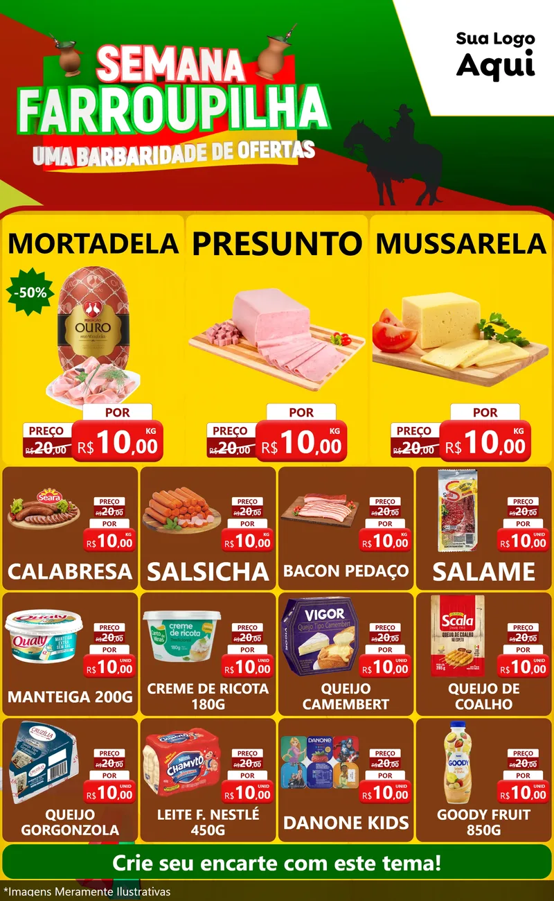 Modelo de Encarte para Encarte Grande com o tema Semana Farroupilha - Uma Barbaridade de Ofertas para Frios e Laticínios