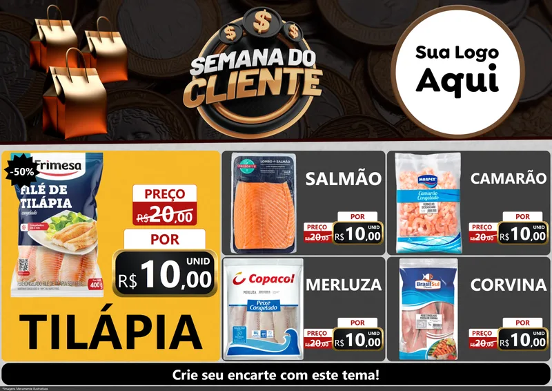 Modelo de Encarte para Encarte A4 Horizontal com o tema Semana do Cliente para Peixaria