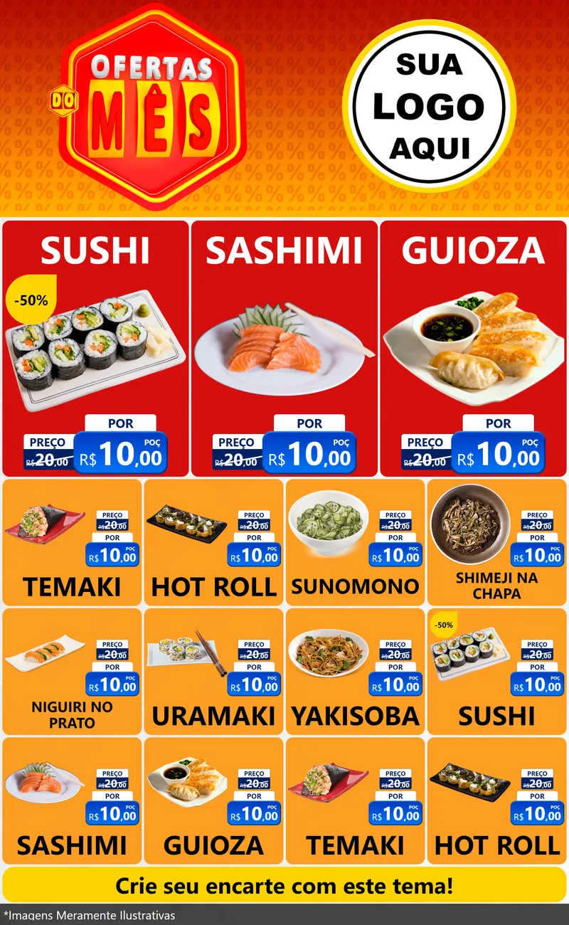 Modelo de Encarte para Encarte Grande com o tema Ofertas do Mês para Comida japonesa