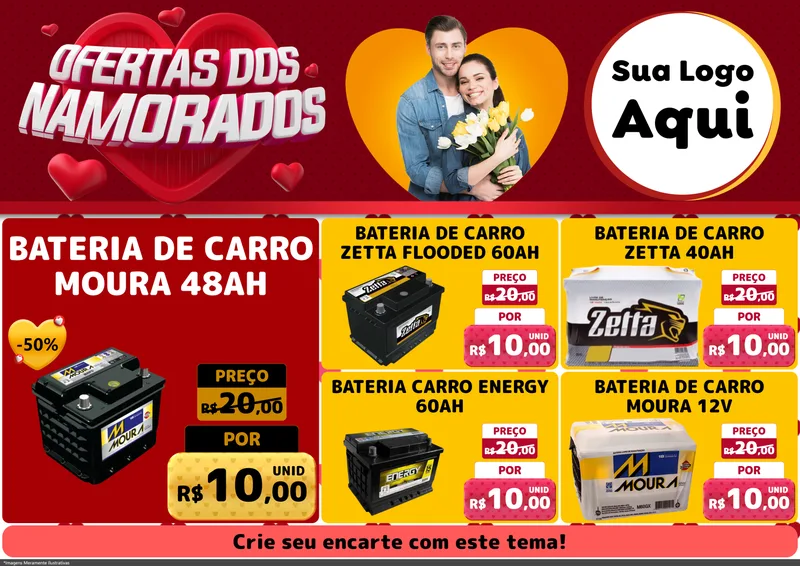 Modelo de Encarte para Encarte A4 Horizontal com o tema Ofertas Dos Namorados para Baterias Elétricas