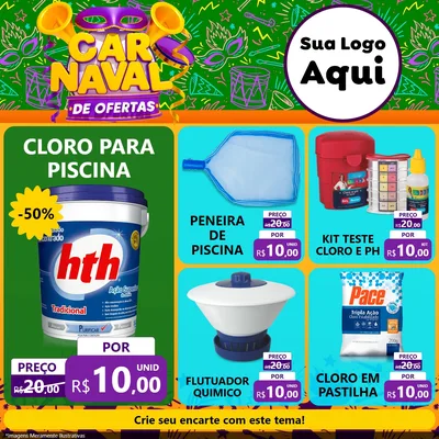 Modelo de Rede Social para Feed Facebook com o tema Carnaval de Ofertas para Produtos para Piscina
