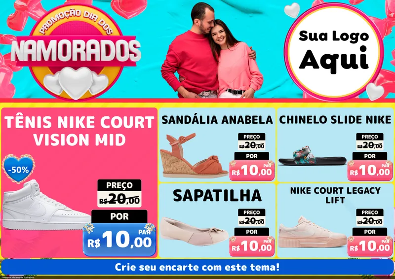 Modelo de Encarte para Encarte A4 Horizontal com o tema Promoção Dia dos Namorados para Calçados