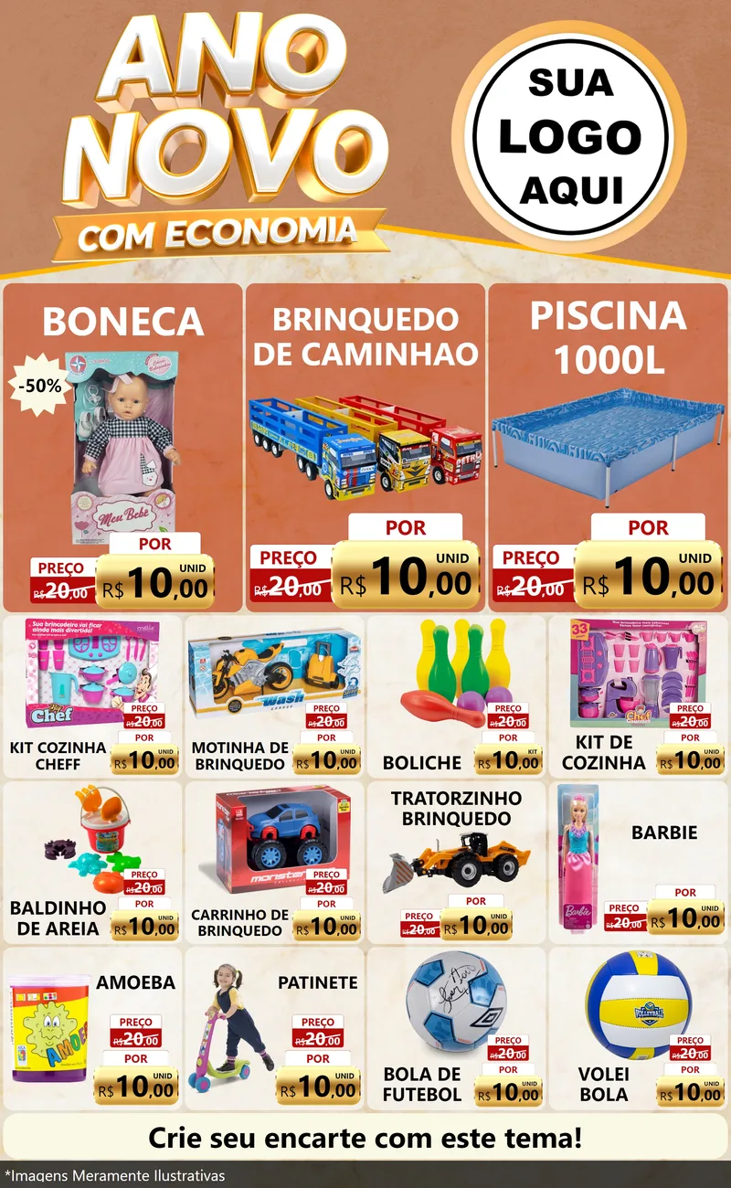 Modelo de Encarte para Encarte Grande com o tema Ano Novo Com Economia para Brinquedos