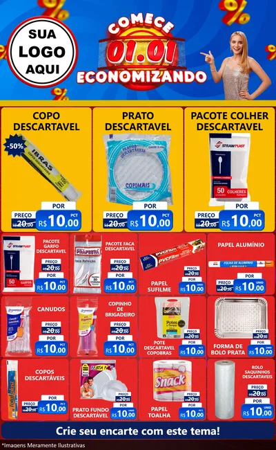 Modelo de Encarte para Encarte Grande com o tema Comece 1º de Janeiro Economizando para Embalagens