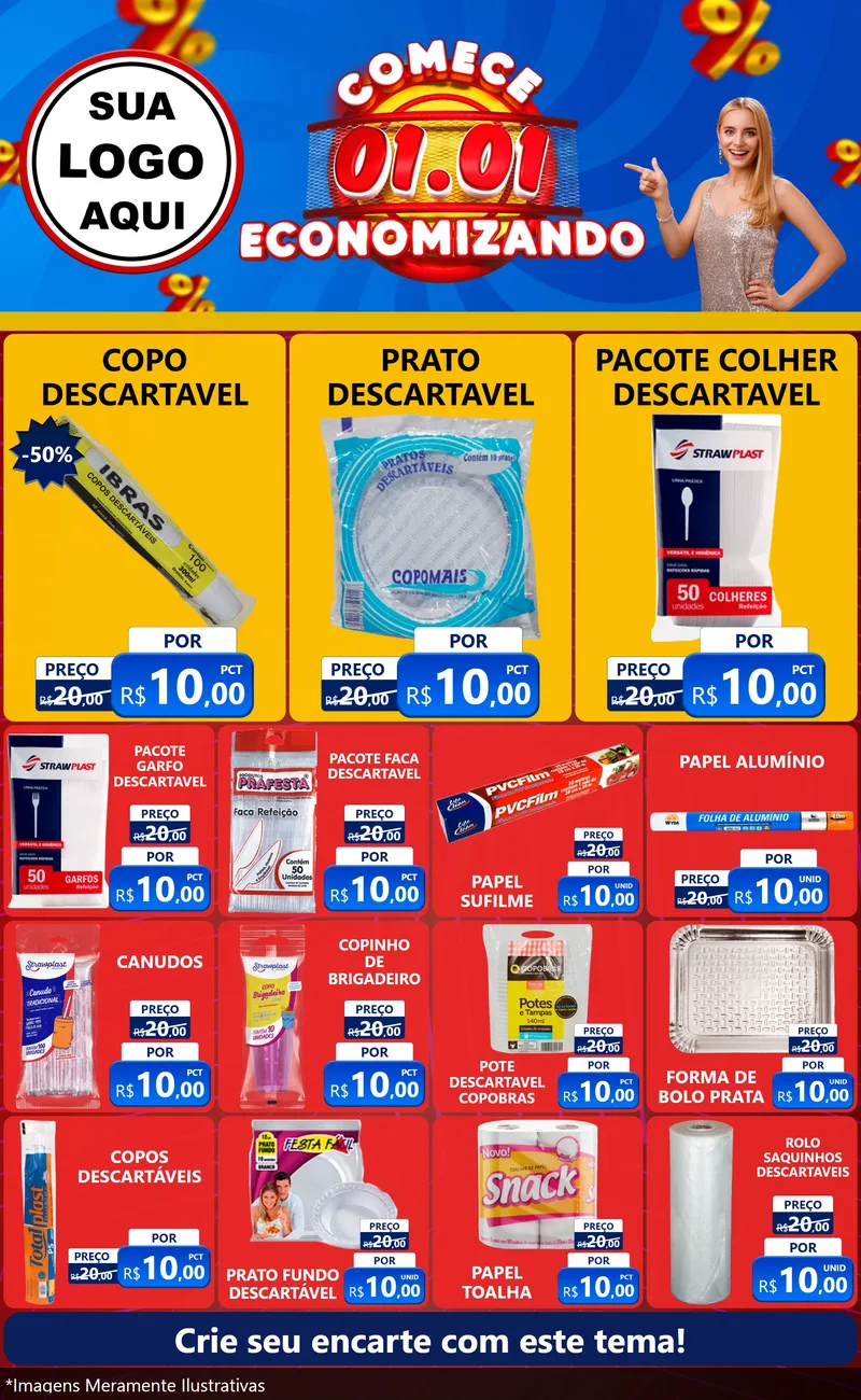 Modelo de Encarte para Encarte Grande com o tema Comece 1º de Janeiro Economizando para Embalagens