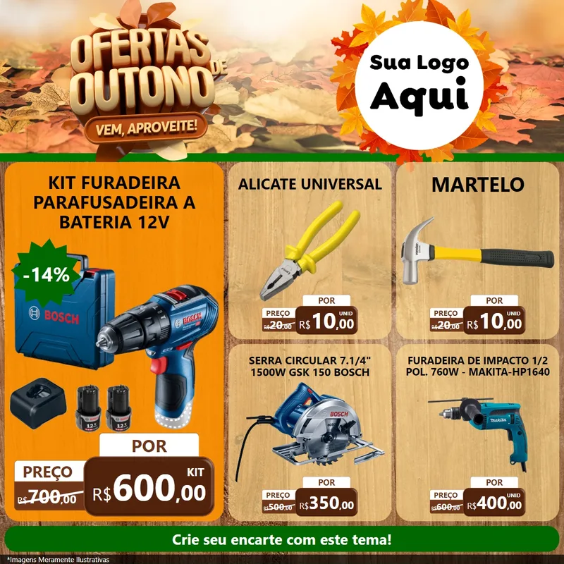 Modelo de Rede Social para Feed Facebook com o tema Ofertas de Outono - Vem, Aproveite! para Maquinas e Ferramentas