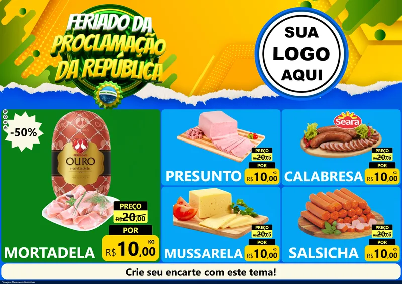 Modelo de Encarte para Encarte A4 Horizontal com o tema Feriado da Proclamação da República para Frios e Laticínios