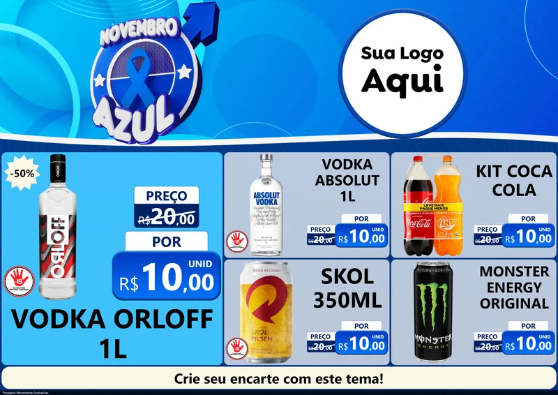 Modelo de Encarte para Encarte A4 Horizontal com o tema Novembro Azul para Distribuidora de bebidas