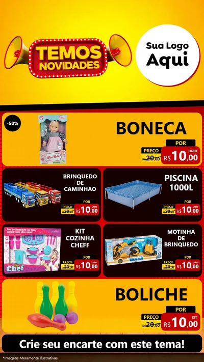 Modelo de TV para TV Vertical com o tema Temos Novidades para Brinquedos