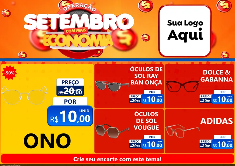 Modelo de Encarte para Encarte A4 Horizontal com o tema Operação Setembro Com Muita Economia para Óticas