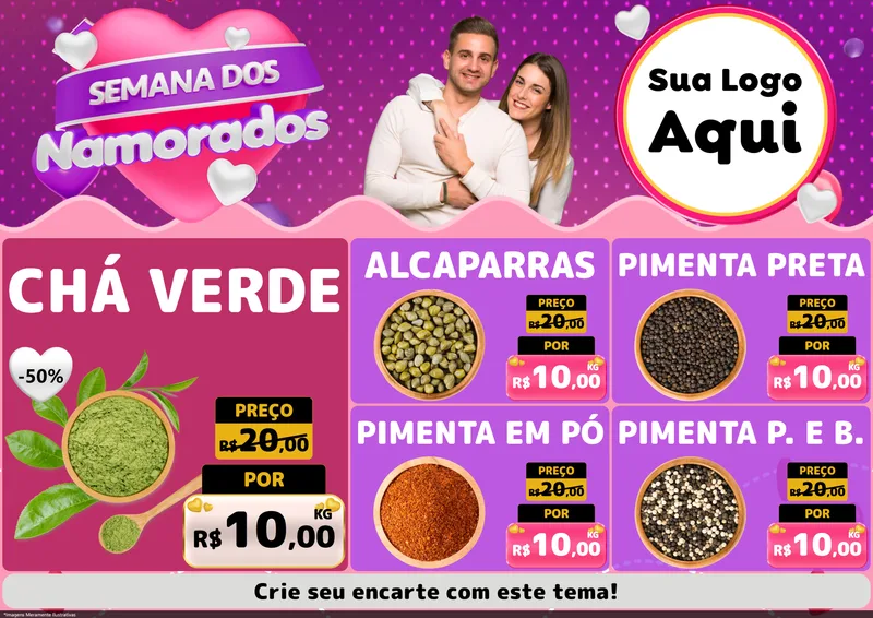Modelo de Encarte para Encarte A4 Horizontal com o tema Semana dos Namorados para Produtos Naturais