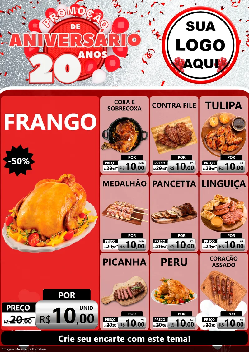 Modelo de Encarte para Encarte A4 Vertical com o tema Promoção de Aniversário - 20 Anos para Assados