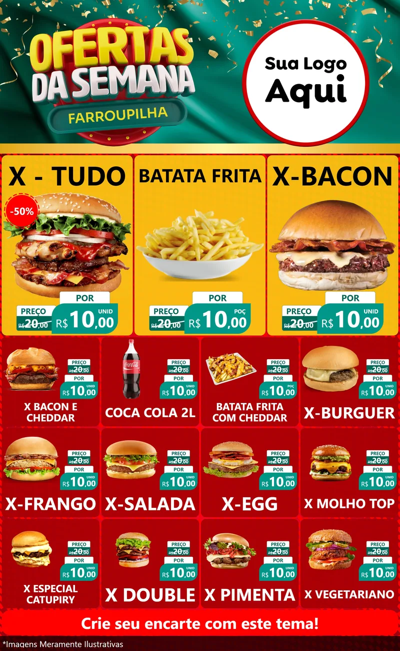 Modelo de Encarte para Encarte Grande com o tema Ofertas da Semana Farroupilha para Hamburgueria