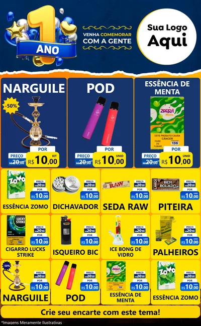 Modelo de Encarte para Encarte Grande com o tema Um Ano de Aniversário para Tabacaria