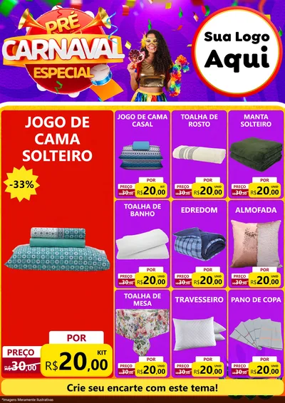 Modelo de Encarte para Encarte A4 Vertical com o tema Pré-Carnaval Especial para Cama, Mesa e Banho