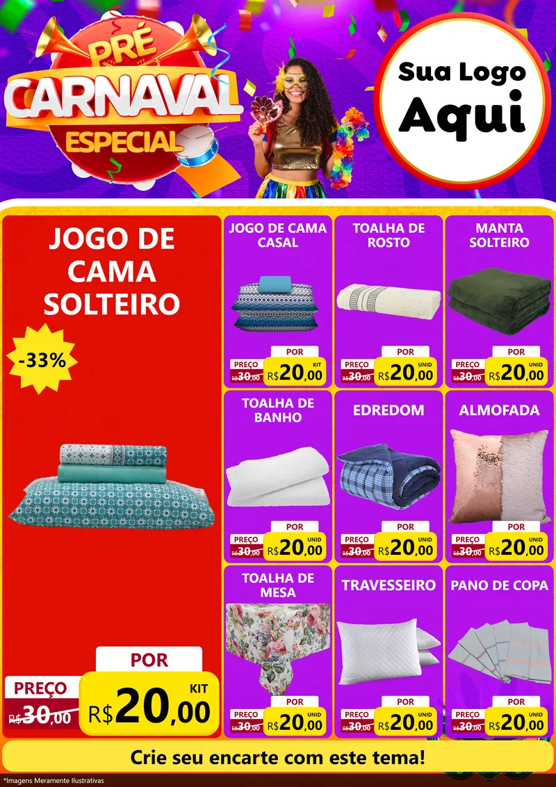 Modelo de Encarte para Encarte A4 Vertical com o tema Pré-Carnaval Especial para Cama, Mesa e Banho