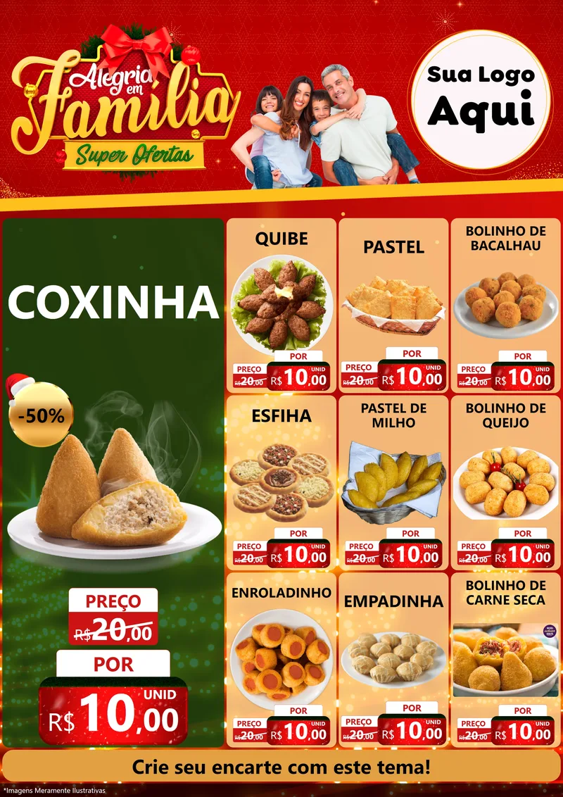 Modelo de Encarte para Encarte A4 Vertical com o tema Alegria em Família Super Ofertas - Natal para Salgadaria