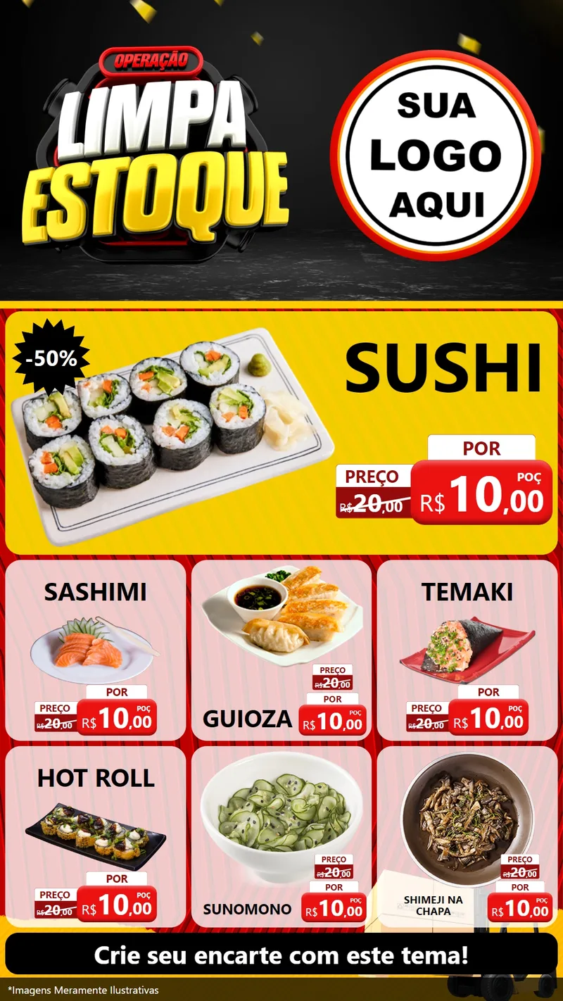 Modelo de Rede Social para Stories com o tema Operação Limpa Estoque para Comida japonesa
