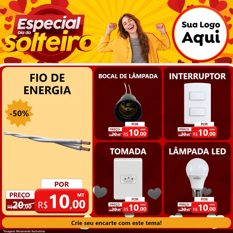 Modelo de Rede Social para Feed Facebook com o tema Especial Dia do Solteiro para Materiais Elétricos