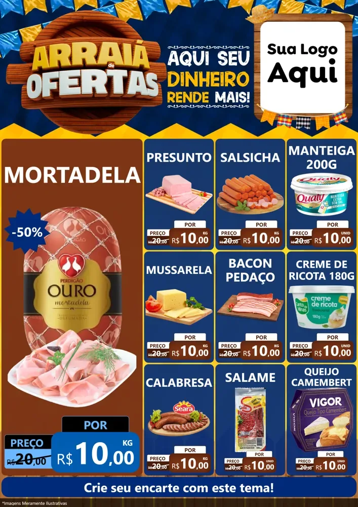 Modelo de Encarte para Encarte A4 Vertical com o tema Arraiá de Ofertas - Junina para Frios e Laticínios