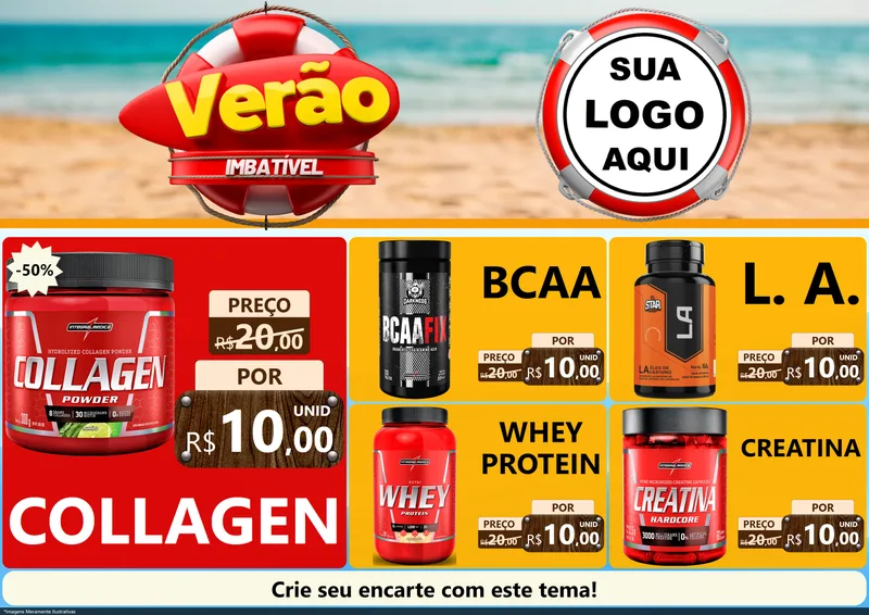 Modelo de Encarte para Encarte A4 Horizontal com o tema Verão Imbatível para Suplementos alimentares