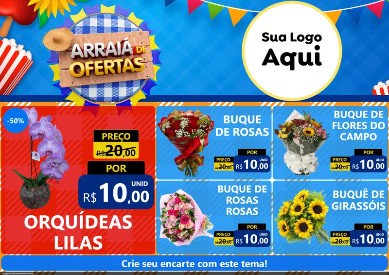 Modelo de Encarte para Encarte A4 Horizontal com o tema Arraiá de Ofertas para Floricultura e jardim