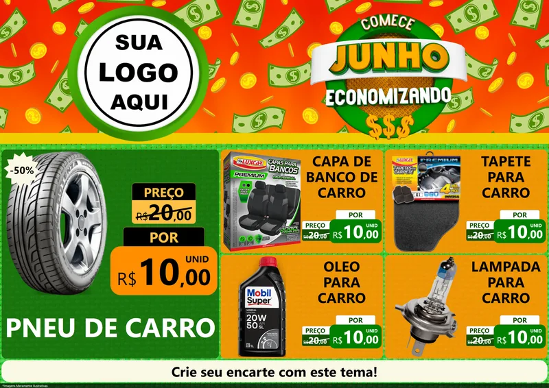 Modelo de Encarte para Encarte A4 Horizontal com o tema Comece Junho Economizando para Auto peças