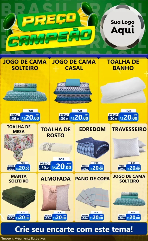 Modelo de Encarte para Encarte Grande com o tema Preço Campeão - Copa para Cama, Mesa e Banho