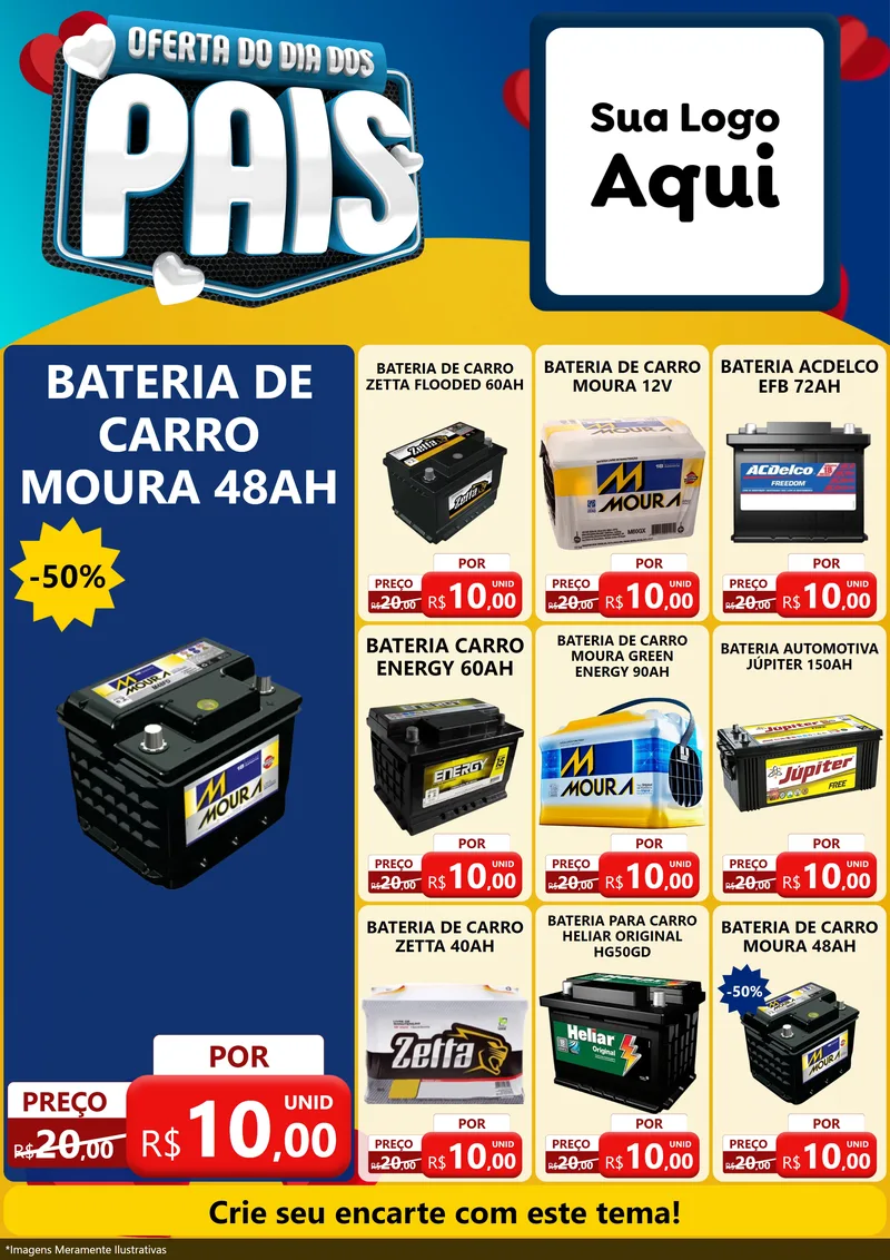 Modelo de Encarte para Encarte A4 Vertical com o tema Oferta Do Dia Dos Pais para Baterias Elétricas