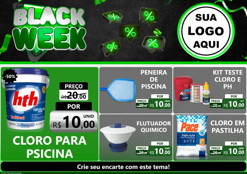 Modelo de Encarte para Encarte A4 Horizontal com o tema Black Week para Produtos para Piscina