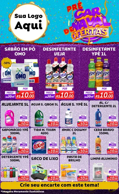 Modelo de Encarte para Encarte Grande com o tema Pré Carnaval de Ofertas para Produtos de Limpeza