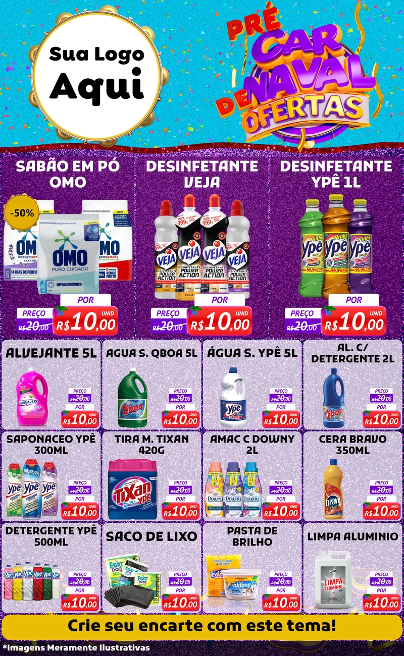 Modelo de Encarte para Encarte Grande com o tema Pré Carnaval de Ofertas para Produtos de Limpeza