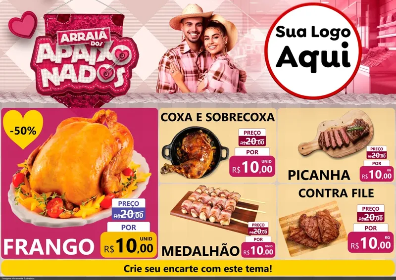 Modelo de Encarte para Encarte A4 Horizontal com o tema Arraiá dos Apaixonados - Junina para Assados