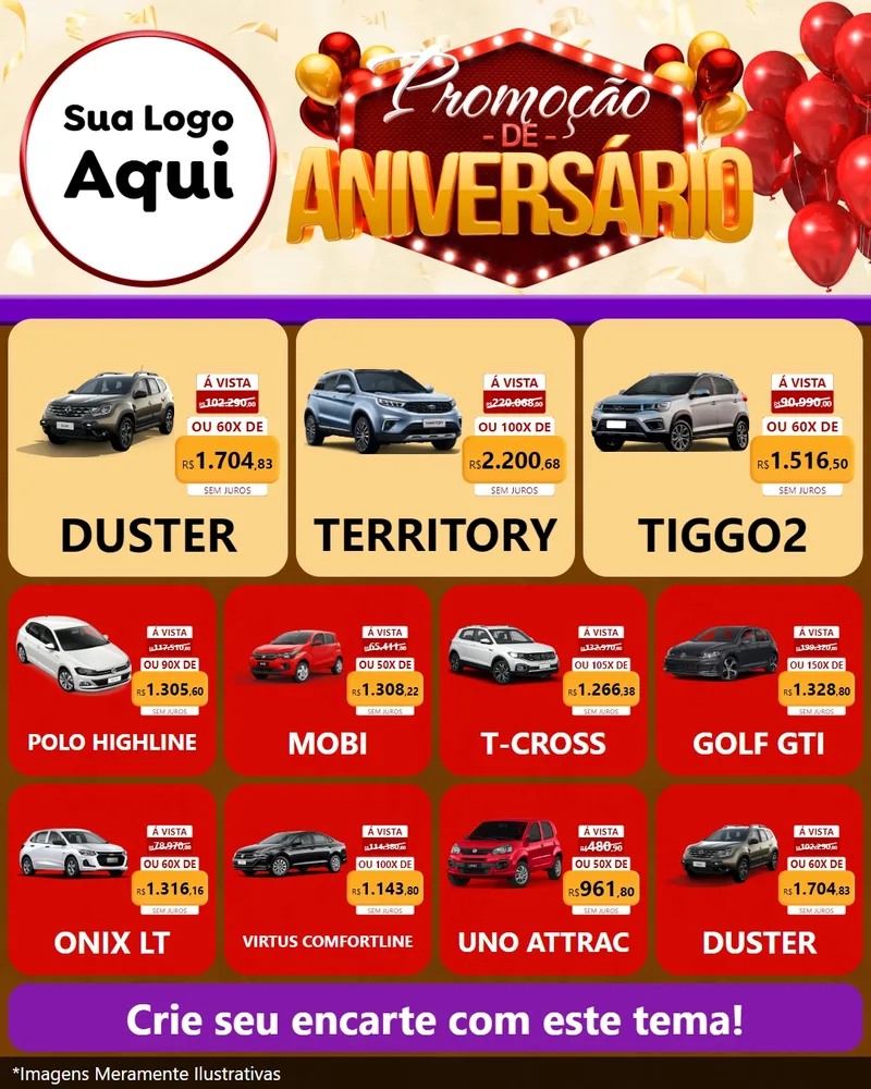 Modelo de Rede Social para Feed Instagram com o tema Promoção de Aniversário para Concessionaria de Carros