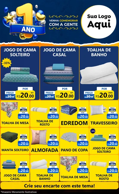 Modelo de Encarte para Encarte Grande com o tema Um Ano de Aniversário para Cama, Mesa e Banho