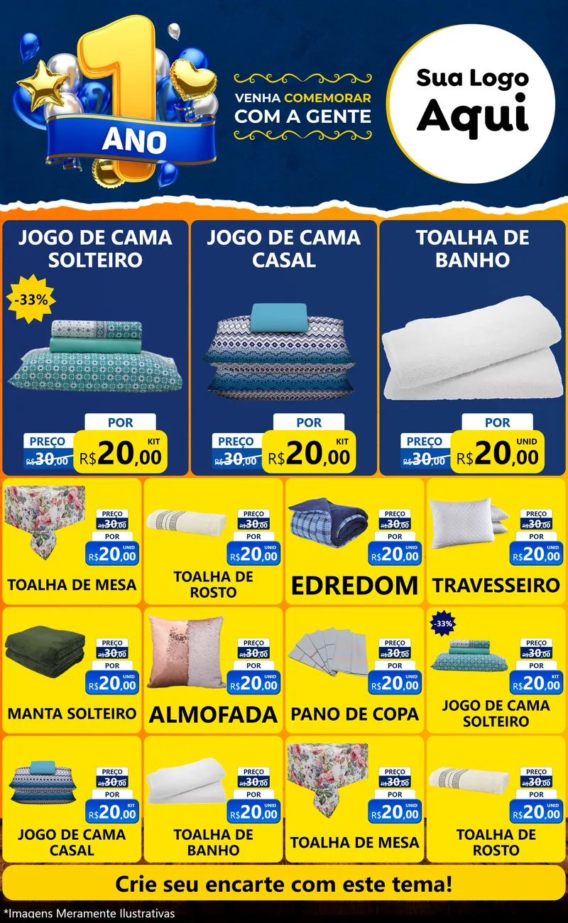 Modelo de Encarte para Encarte Grande com o tema Um Ano de Aniversário para Cama, Mesa e Banho
