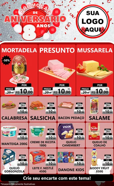 Modelo de Encarte para Encarte Grande com o tema Promoção de Aniversário - 8 Anos para Frios e Laticínios