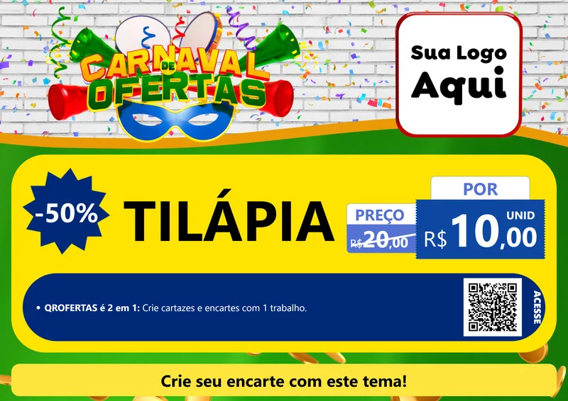 Modelo de Cartaz para Cartaz A4 Horizontal com o tema Carnaval de Ofertas para Peixaria