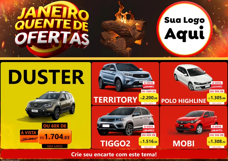 Modelo de Encarte para Encarte A4 Horizontal com o tema Janeiro Quente de Ofertas para Concessionaria de Carros